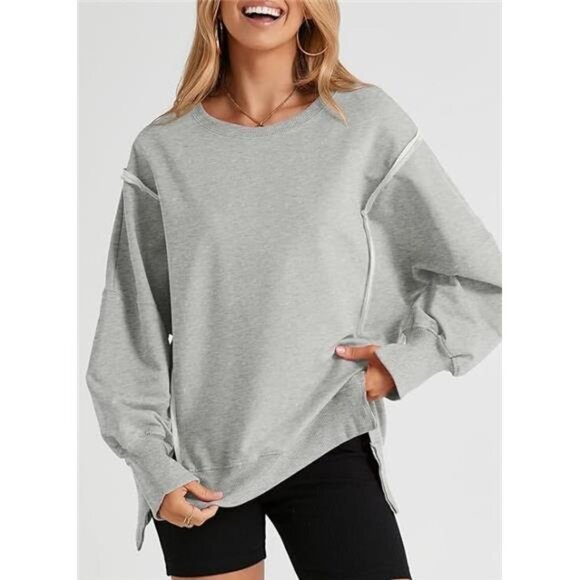 Oversized Reverse Seam Sweatshirt, Casual Long Sleeve Lightweight Pullover, Gray - Picture 4 of 7